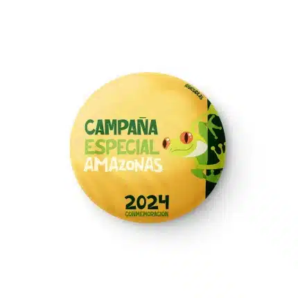 boton publicitario de campaña amazonas con rana tipica