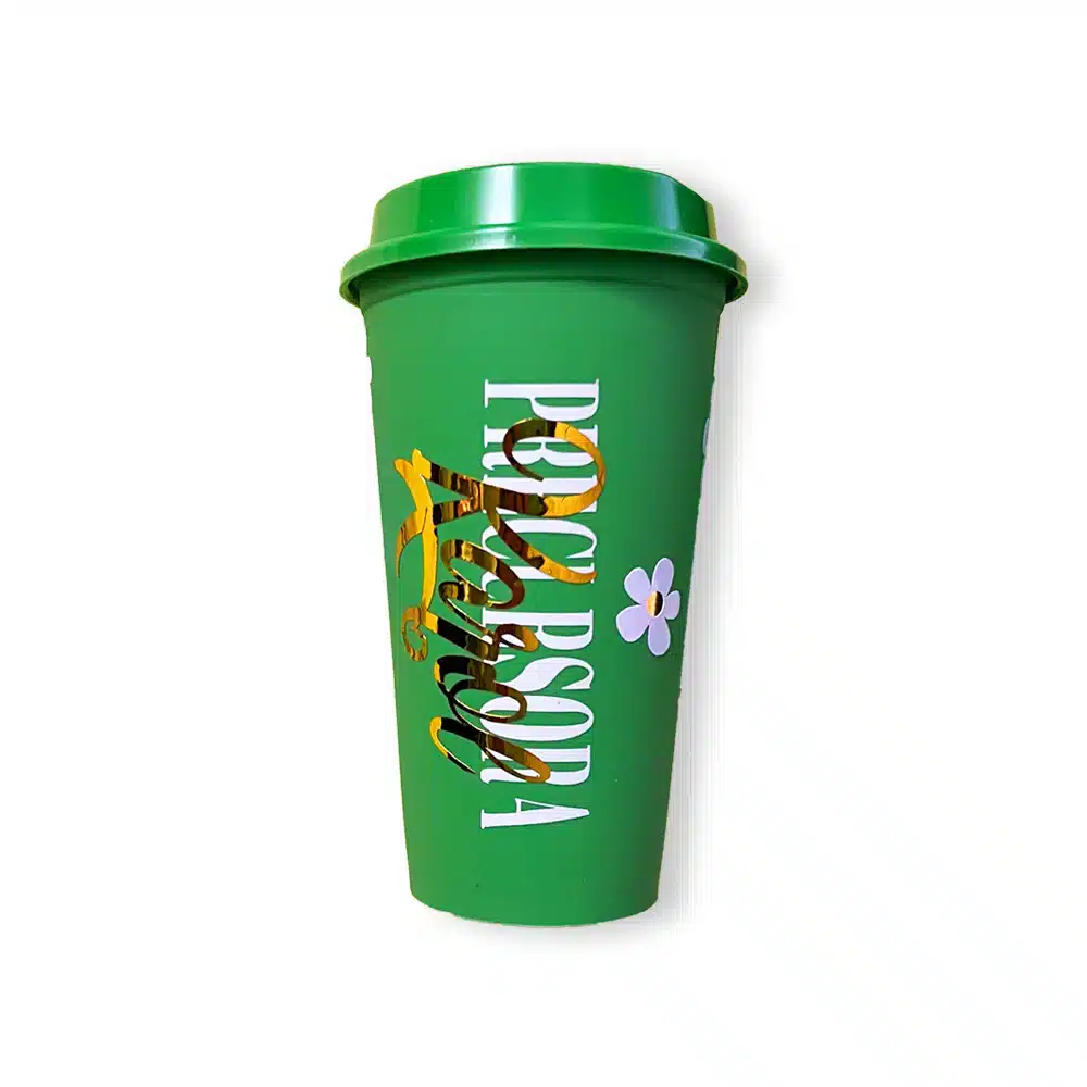 Vaso tipo starbucks personalizado con diseño de vinil adhesivo de flores y nombre
